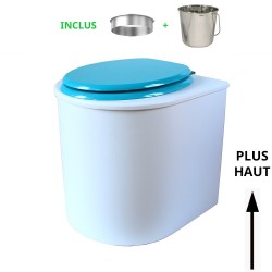 toilette sèche rehaussé arrondie bois blanc, abattant turquoise, seau inox 22 L, bavette inox. PMR