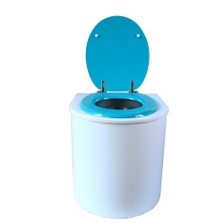 toilette sèche rehaussé arrondie bois blanc, abattant turquoise, seau inox 22 L, bavette inox. PMR