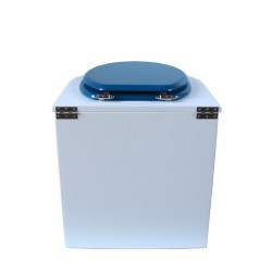 toilette sèche rehaussé arrondie bois blanc, abattant bleu nuit, seau plastique 22 L, bavette inox. hauteur d'assise de 50 cm