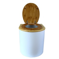 toilette sèche arrondie blanche avec couvercle huilé, abattant bambou, seau plastique 22 litres, bavette inox. modèle rehaussé