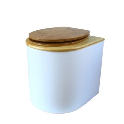 toilette sèche arrondie blanche avec couvercle huilé, abattant bambou, seau plastique 22 litres, bavette inox. modèle rehaussé