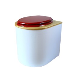 toilette sèche arrondie blanche avec couvercle huilé, abattant rouge, seau inox 22 litres, bavette inox. modèle rehaussé PMR