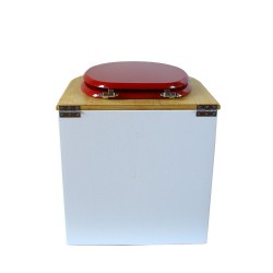 toilette sèche arrondie blanche avec couvercle huilé, abattant rouge, seau inox 22 litres, bavette inox. modèle rehaussé PMR