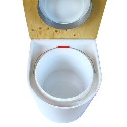 toilette sèche arrondie blanche, couvercle huilé, abattant blanc, seau plastique 22 litres, bavette inox. modèle rehaussé PMR