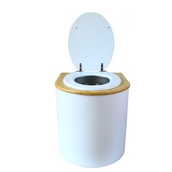 toilette sèche arrondie blanche avec couvercle huilé, abattant blanc, seau inox 22 litres, bavette inox. modèle rehaussé PMR