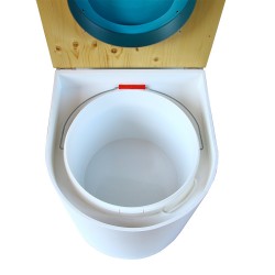 toilette sèche arrondie blanche, couvercle huilé, abattant turquoise, seau plastique 22L, bavette inox. modèle rehaussé PMR