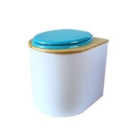 toilette sèche arrondie blanche, couvercle huilé, abattant turquoise, seau plastique 22L, bavette inox. modèle rehaussé PMR