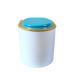 toilette sèche rehaussée PMR arrondie blanche avec couvercle huilé, abattant turquoise, seau inox 22 litres, bavette inox
