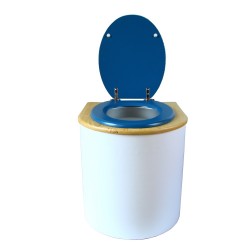 toilette sèche arrondie blanche, couvercle huilé, abattant bleu, seau plastique 22L, bavette inox. modèle rehaussé PMR