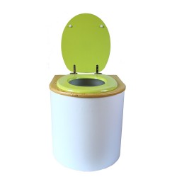toilette sèche arrondie blanche, couvercle huilé, abattant vert, seau plastique 22L, bavette inox. modèle rehaussé PMR