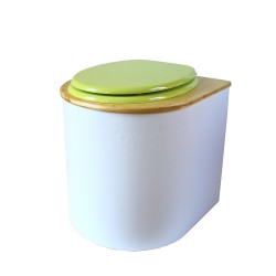 toilette sèche arrondie blanche, couvercle huilé, abattant vert, seau plastique 22L, bavette inox. modèle rehaussé PMR