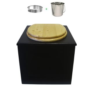 Toilette sèche en bois noire avec abattant bois huilé. Livré avec bavette inox et seau inox