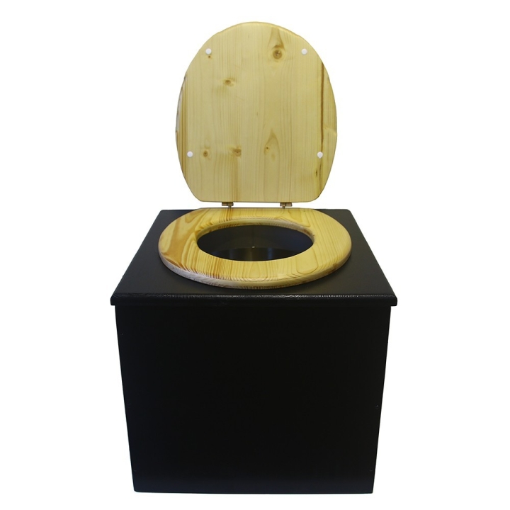  Toilette sèche en bois noire avec abattant bois huilé. Livré avec bavette inox et seau inox