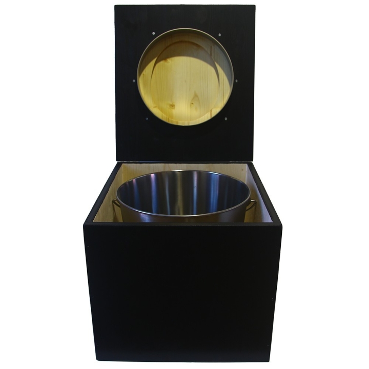  Toilette sèche en bois noire avec abattant bois huilé. Livré avec bavette inox et seau inox