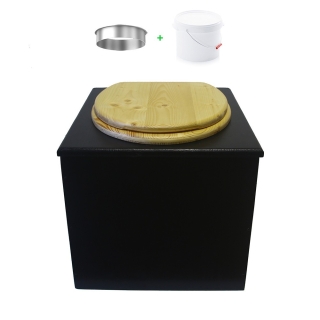 Toilette sèche en bois noire avec abattant en bois huilé. Livré avec bavette inox et seau plastique 22L