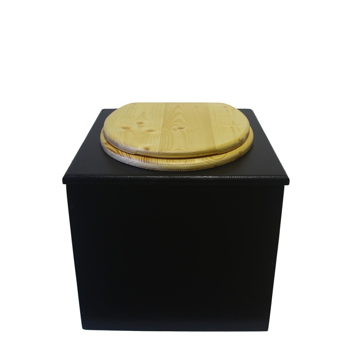  Toilette sèche en bois noire avec abattant en bois huilé. Livré avec bavette inox et seau plastique 22L
