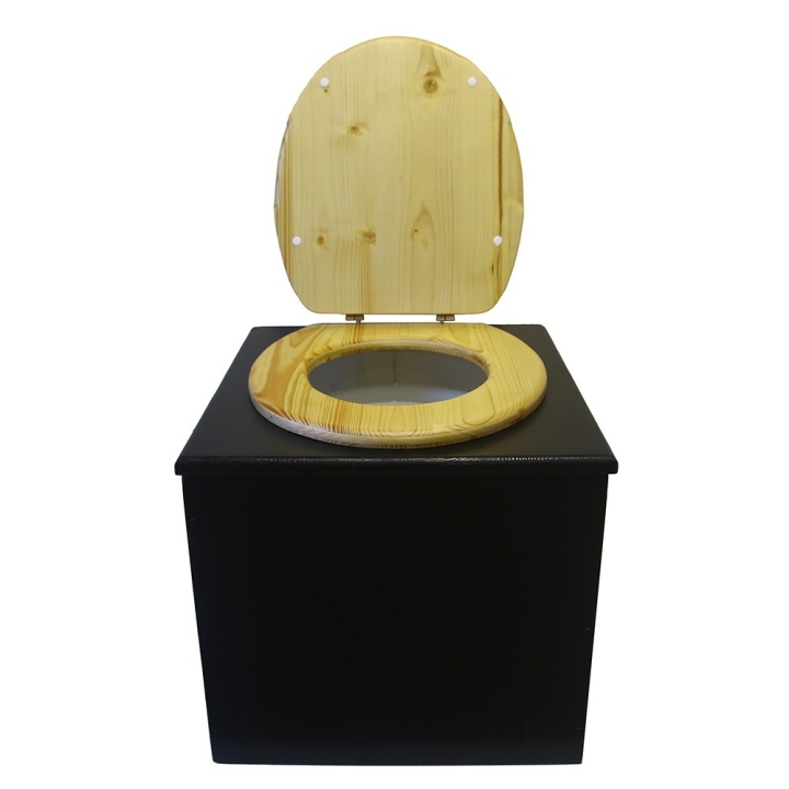  Toilette sèche en bois noire avec abattant en bois huilé. Livré avec bavette inox et seau plastique 22L