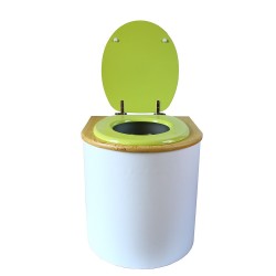 toilette sèche rehaussée PMR arrondie blanche avec couvercle huilé, abattant vert, seau inox 22 litres, bavette inox