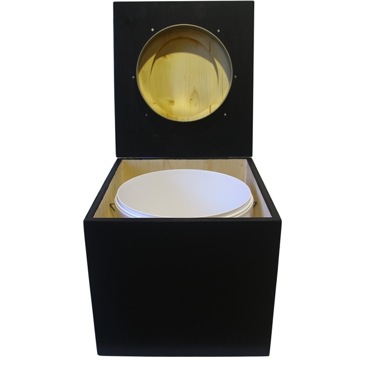 Toilette sèche en bois noire avec abattant en bois huilé. Livré avec bavette inox et seau plastique 22L
