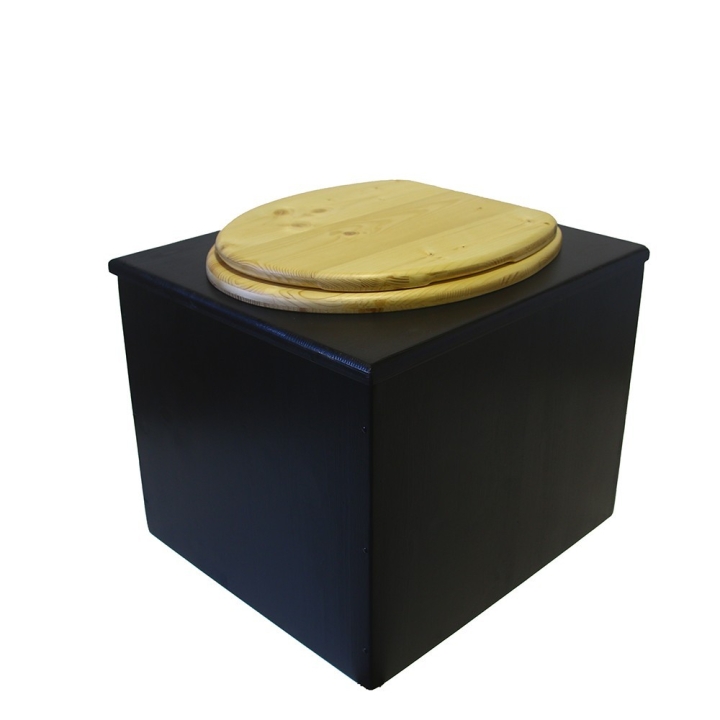  Toilette sèche en bois noire avec abattant en bois huilé. Livré avec bavette inox et seau plastique 22L