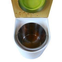 toilette sèche rehaussée PMR arrondie blanche avec couvercle huilé, abattant vert, seau inox 22 litres, bavette inox