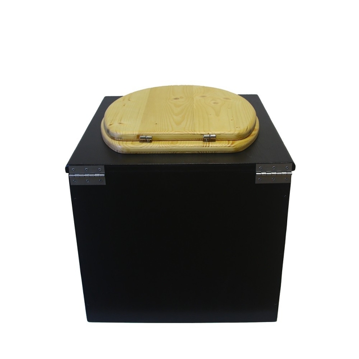  Toilette sèche en bois noire avec abattant en bois huilé. Livré avec bavette inox et seau plastique 22L
