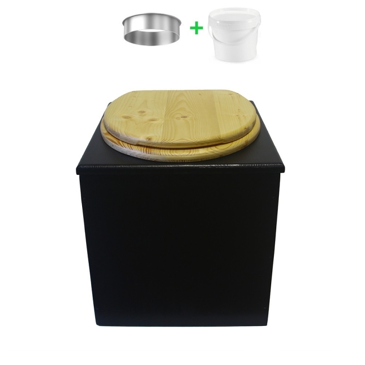 Toilette sèche en bois noire complète avec seau 20L