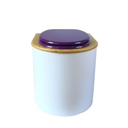 toilette sèche arrondie blanche, couvercle huilé, abattant violet, seau plastique 22L, bavette inox. modèle rehaussé PMR