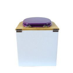 toilette sèche arrondie blanche, couvercle huilé, abattant violet, seau plastique 22L, bavette inox. modèle rehaussé PMR