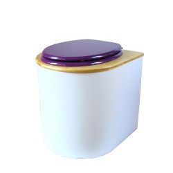 toilette sèche rehaussée PMR arrondie blanche avec couvercle huilé, abattant violet, seau inox 22 litres, bavette inox