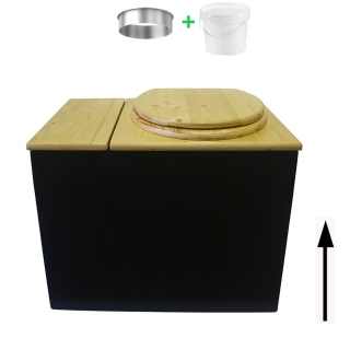Toilette sèche rehaussée avec bac à copeaux de bois noire/huilé avec bavette inox et seau 20 litres