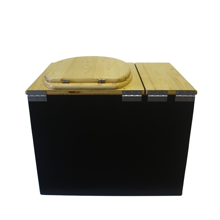  Toilette sèche rehaussée avec bac à copeaux de bois noire/huilé avec bavette inox et seau 20 litres