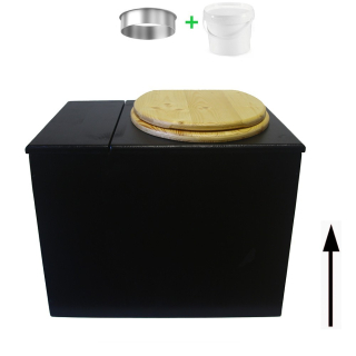 Toilette sèche rehaussée avec bac à copeaux de bois noire avec bavette inox et seau 20 litres