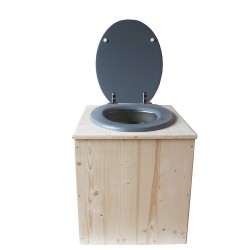 toilette sèche en bois avec seau inox et bavette inox avec abattant bois gris - modèle rehaussé PMR