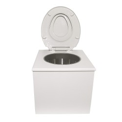 Toilette sèche "2en1", abattant blanc avec réducteur enfant intégré, seau inox et bavette inox - Modèle peinture blanche