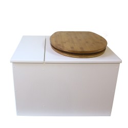 Toilette sèche avec bac à copeaux de bois. bois blanc, abattant bambou. Livré complet avec bavette inox et seau inox 22 litres
