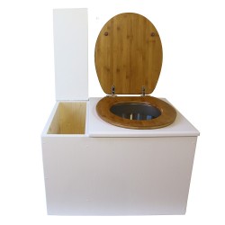 Toilette sèche avec bac à copeaux de bois. bois blanc, abattant bambou. Livré complet avec bavette inox et seau inox 22 litres