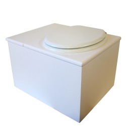 Toilette sèche avec bac à copeaux de bois. bois blanc, abattant blanc. Livré complet avec bavette inox et seau inox 22 litres