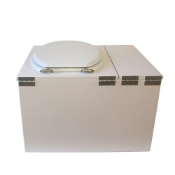 Toilette sèche avec bac à copeaux de bois. bois blanc, abattant blanc. Livré complet avec bavette inox et seau inox 22 litres