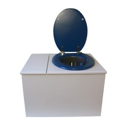 Toilette sèche avec bac à copeaux de bois. bois blanc, abattant bleu. Livré complet avec bavette inox et seau inox 22 litres