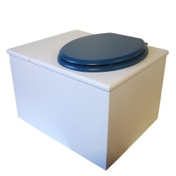 Toilette sèche avec bac à copeaux de bois. bois blanc, abattant bleu. Livré complet avec bavette inox et seau inox 22 litres