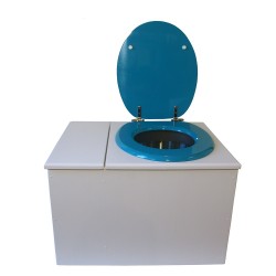 Toilette sèche avec bac à copeaux de bois. bois blanc, abattant bleu turquoise. Livré avec bavette inox et seau inox 22 litres