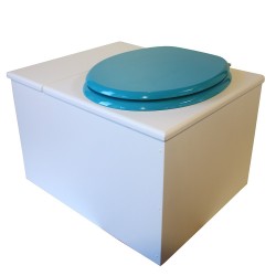 Toilette sèche avec bac à copeaux de bois. bois blanc, abattant bleu turquoise. Livré avec bavette inox et seau inox 22 litres