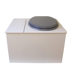 Toilette sèche avec bac à copeaux de bois. bois blanc, abattant gris. Livré avec bavette inox et seau inox 22 litres