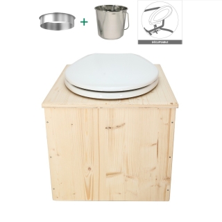 Toilette sèche en bois brut avec seau inox