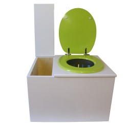 Toilette sèche avec bac à copeaux de bois. bois blanc, abattant vert. Livré avec bavette inox et seau inox 22 litres