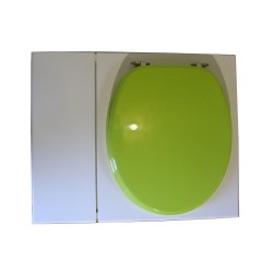 Toilette sèche avec bac à copeaux de bois. bois blanc, abattant vert. Livré avec bavette inox et seau inox 22 litres