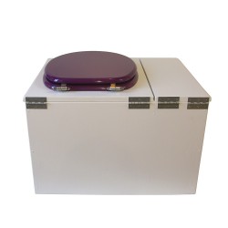 Toilette sèche avec bac à copeaux de bois. bois blanc, abattant violet. Livré avec bavette inox et seau inox 22 litres