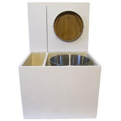 Toilette sèche en bois blanc avec bac intégré, abattant bambou seau inox et bavette inox. Hauteur PMR 50 cm.