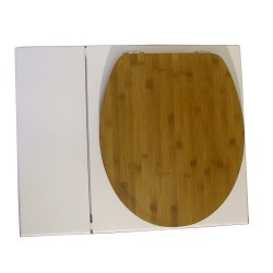 Toilette sèche en bois blanc avec bac intégré, abattant bambou seau inox et bavette inox. Hauteur PMR 50 cm.